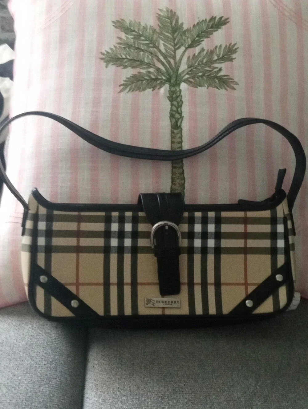 Burberry Beige and Black Plaid Shoulder Bag with Buckle Detail